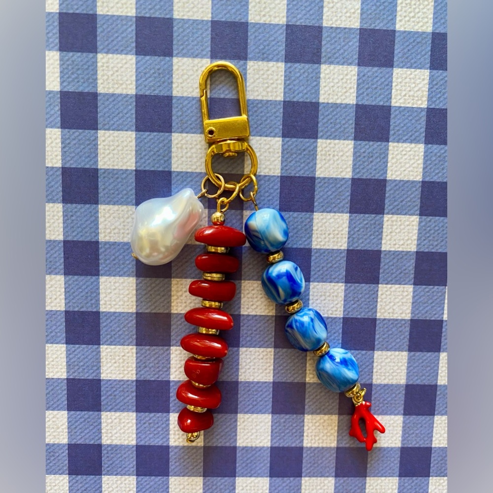 Red Coral Beaded Keychain with Blue Marbled Beads & Pearl Drop, Purse Keychain